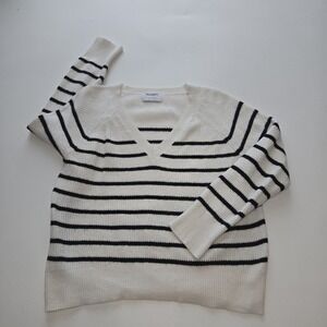 Old Navy Women's Small Good Vee Stripe Sweater Cream Black V-Neck Rib Knit...